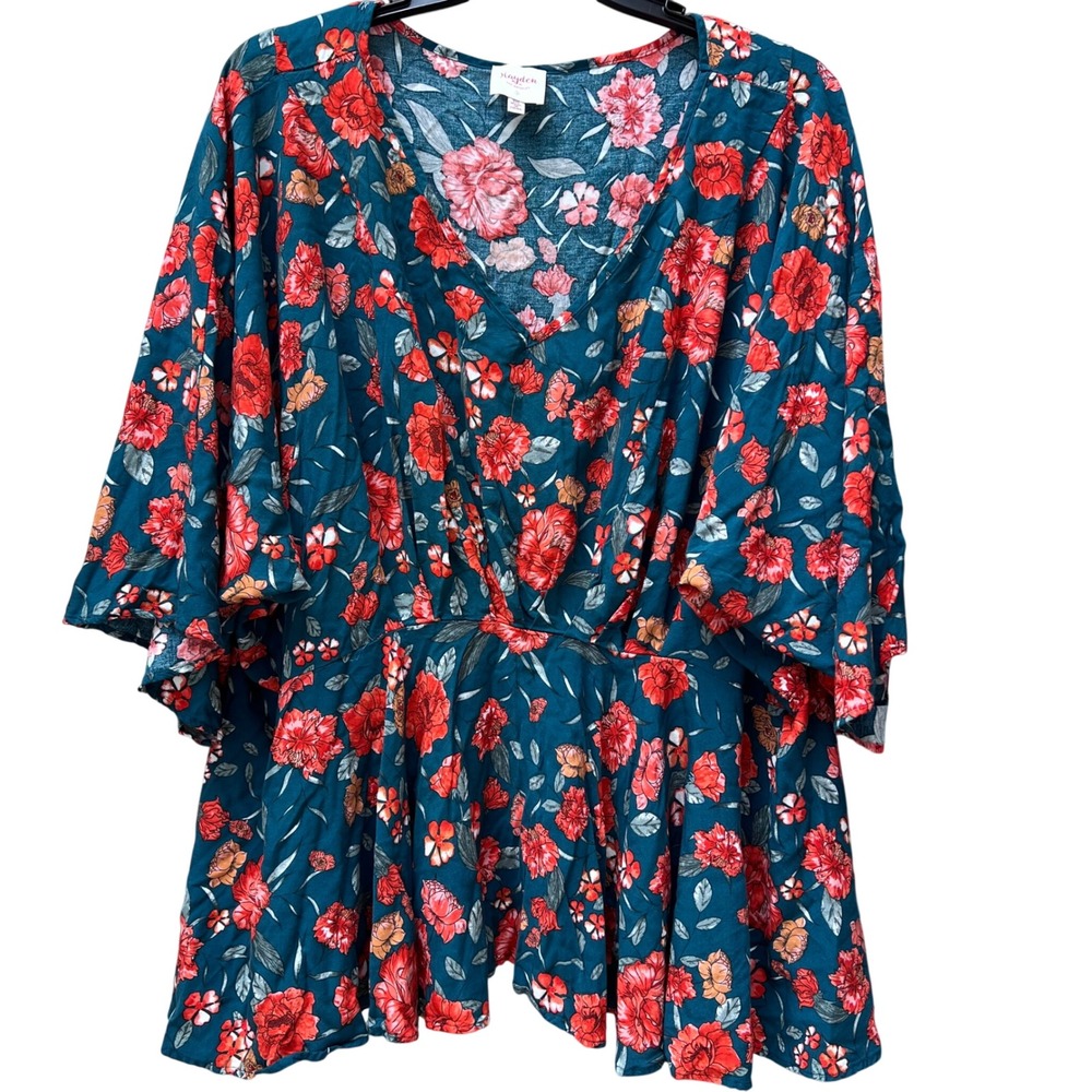 Hayden Los Angeles Floral Peplum Top Teal Red Boho V-Neck Blouse 3XL EUC